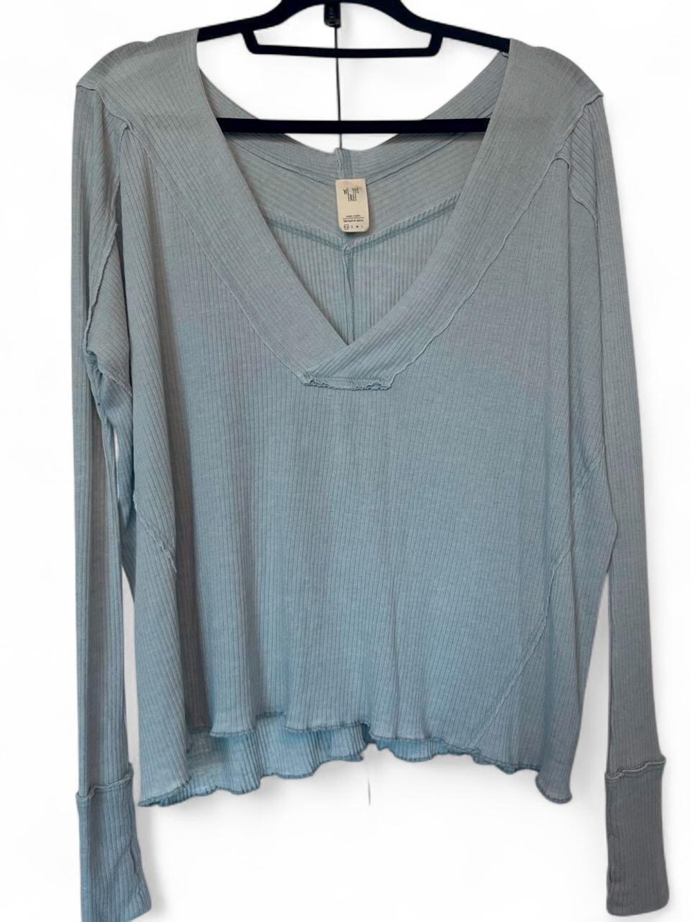 We The Free Ribbed V-Neck Long Sleeve Top in Cloud Blue